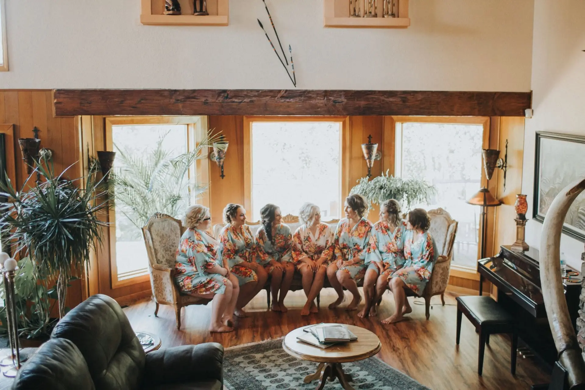 Bridesmaids in robes in the lounge