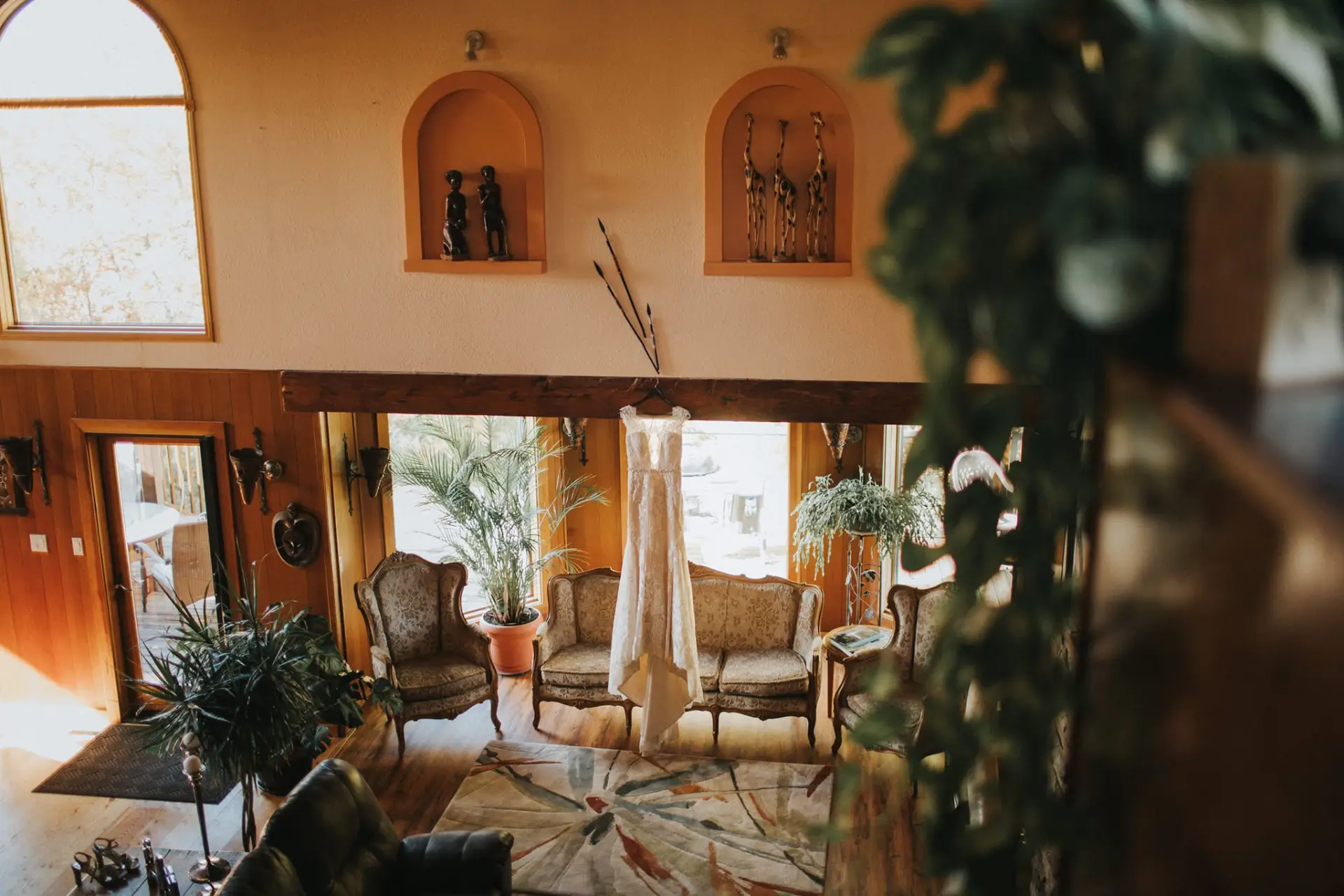 Wedding dress hanging in the lounge